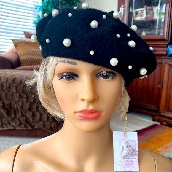 Brand New Jessica Simpson Black Wool French Beret w/ Faux Pearl Accents Beaded main image 11